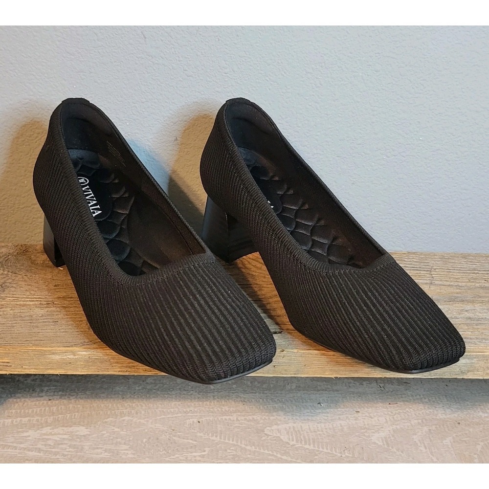 Vivaia Melody 2.0 Black Ribbed Knit Square Toe Block Heel Sz 6 US Sz 36.5 EU